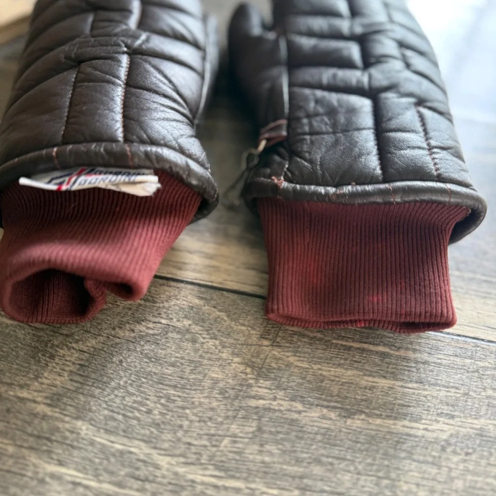 Gordini Vintage Brown Leather Quilted Mittens Women Small Burgundy Knit Cuff